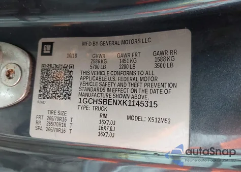 2019 Chevrolet Colorado Wt из США, поврежденный, VIN 1GCHSBENXK1145315